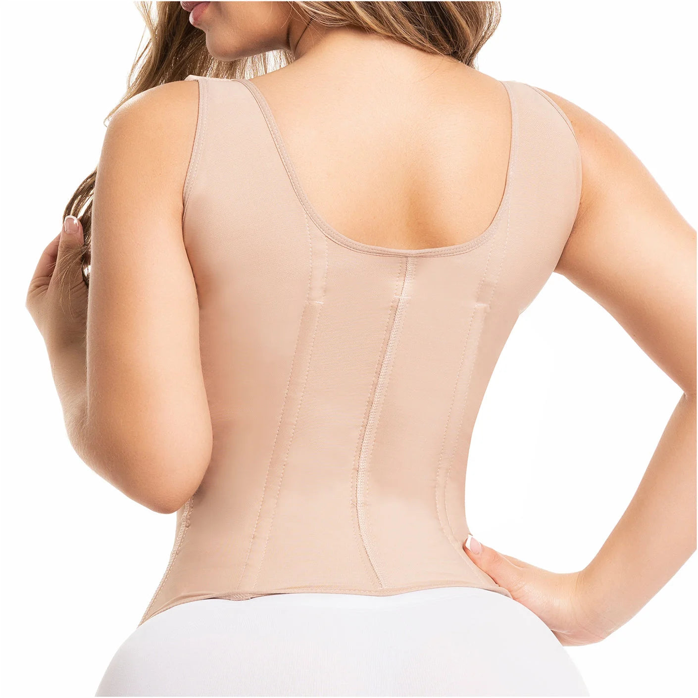 Fajas Salome 314 nude back view Colombian shapewear waist trainer with boning panels and wide straps for posture support