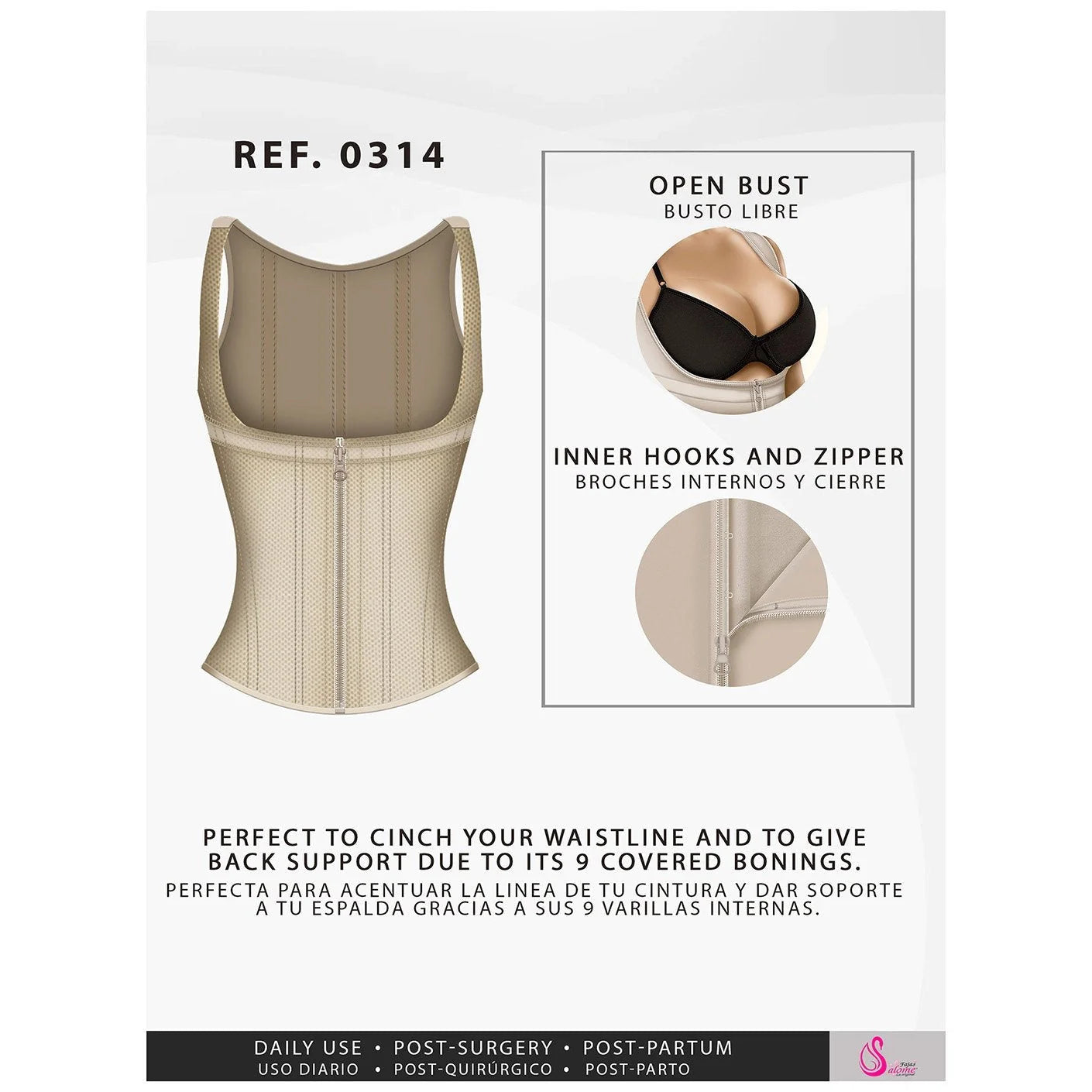 Fajas Salome 0314 beige open-bust waist trainer with zipper closure, Colombian shapewear for post-surgery and daily use