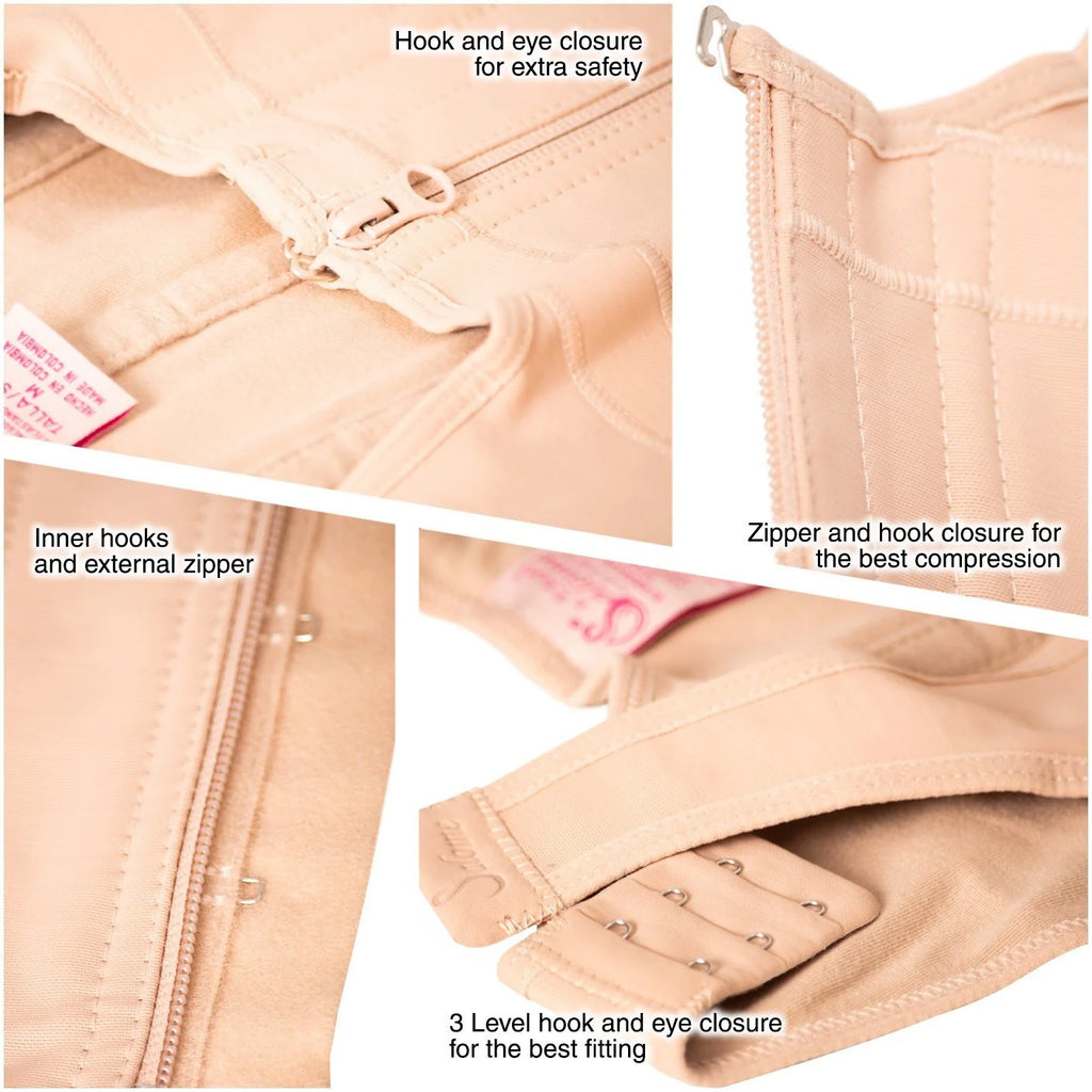Fajas Salome 314 beige waist trainer closure details showing zipper hook-and-eye Colombian shapewear compression garment