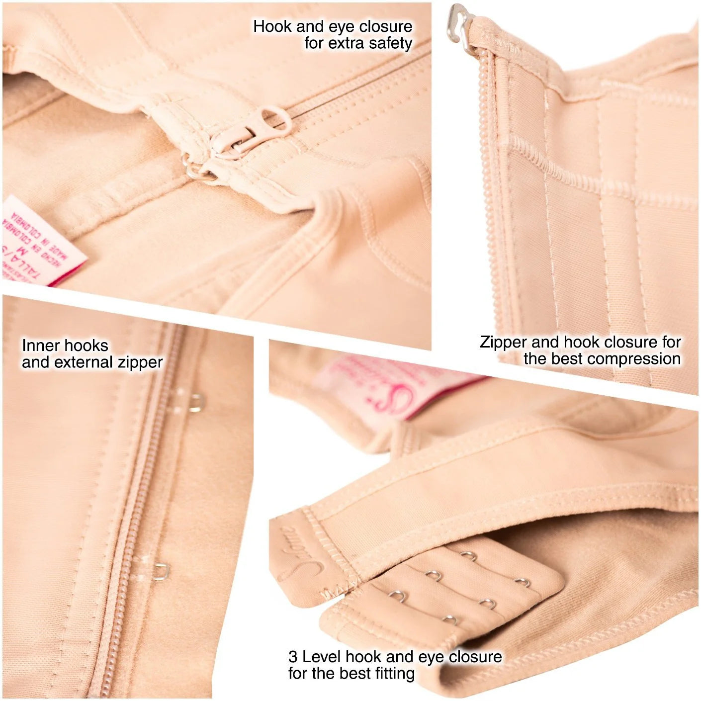 Fajas Salome 314 beige waist trainer closure details showing zipper hook-and-eye Colombian shapewear compression garment