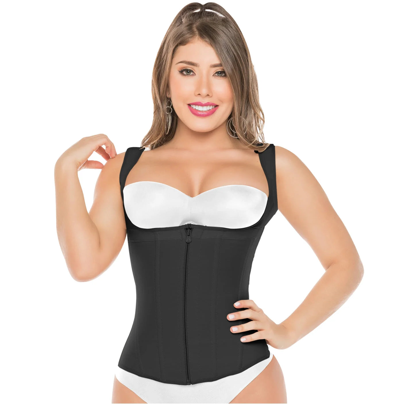 Fajas Salome 314 black waist trainer vest with zipper closure, Colombian shapewear body shaper for women front view