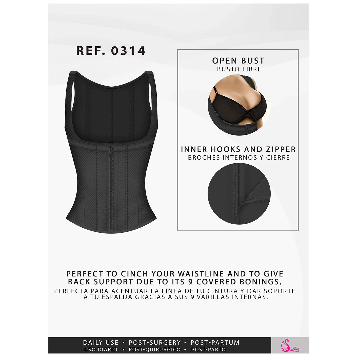Fajas Salome 0314 black open bust waist trainer with zipper and 9 bonings, Colombian shapewear for daily and post-surgery use