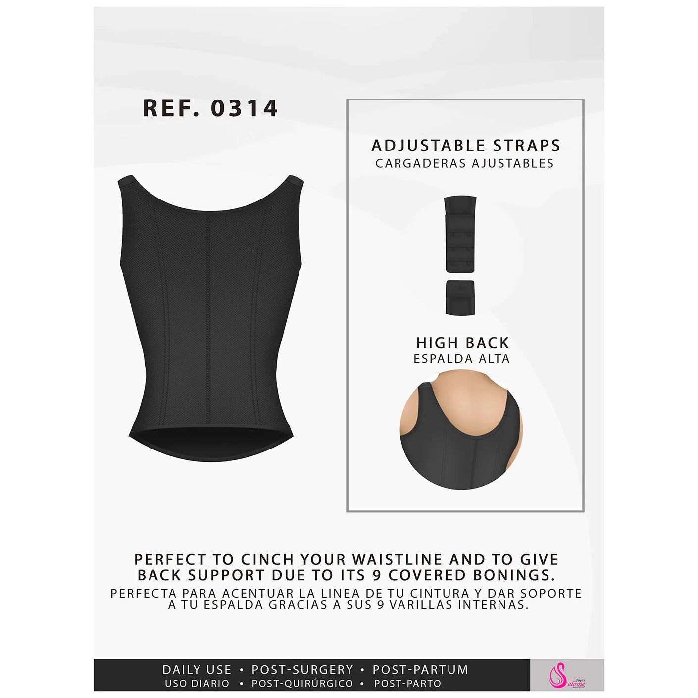 Fajas Salome 0314 black waist trainer with adjustable straps and 9 bonings, Colombian shapewear for post-surgery daily use