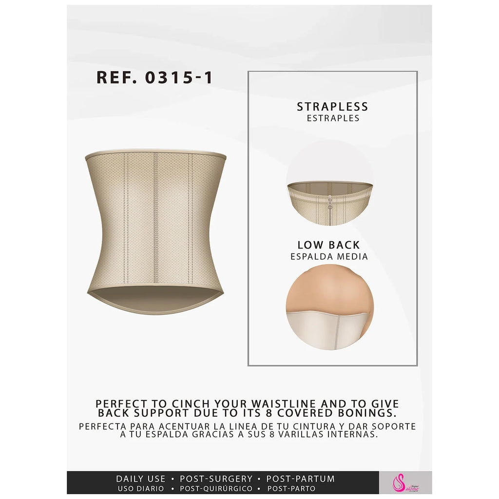 Fajas Salome 0315-1 beige strapless waist trainer with 8 bonings, Colombian shapewear for post-surgery and daily use