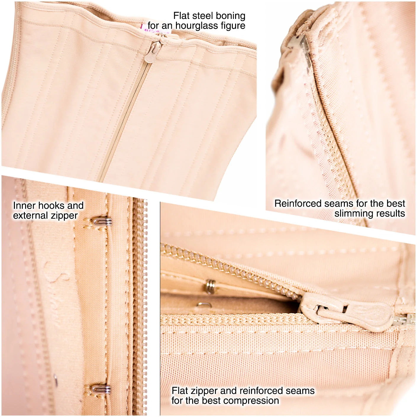 Fajas Salome 315 beige waist trainer detail view showing flat steel boning, zipper closure, and reinforced seams Colombian sh