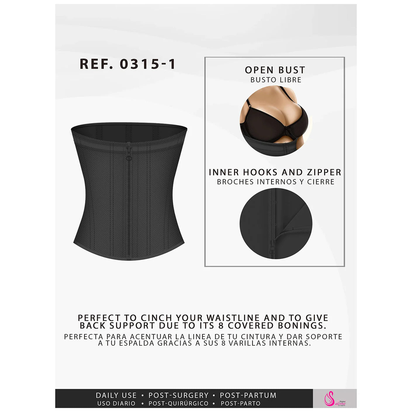 Fajas Salome 0315-1 black open bust waist trainer with zipper closure, Colombian shapewear for daily and post-surgery use