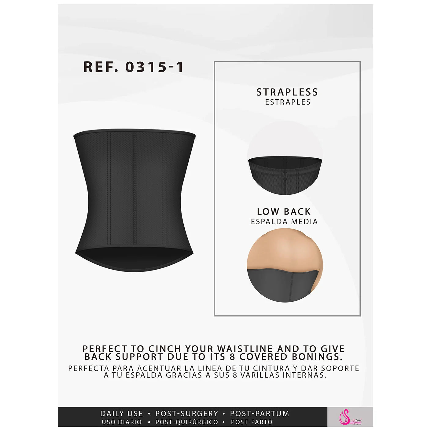 Fajas Salome 0315-1 black strapless waist trainer with 8 bonings, Colombian shapewear for post-surgery and daily use