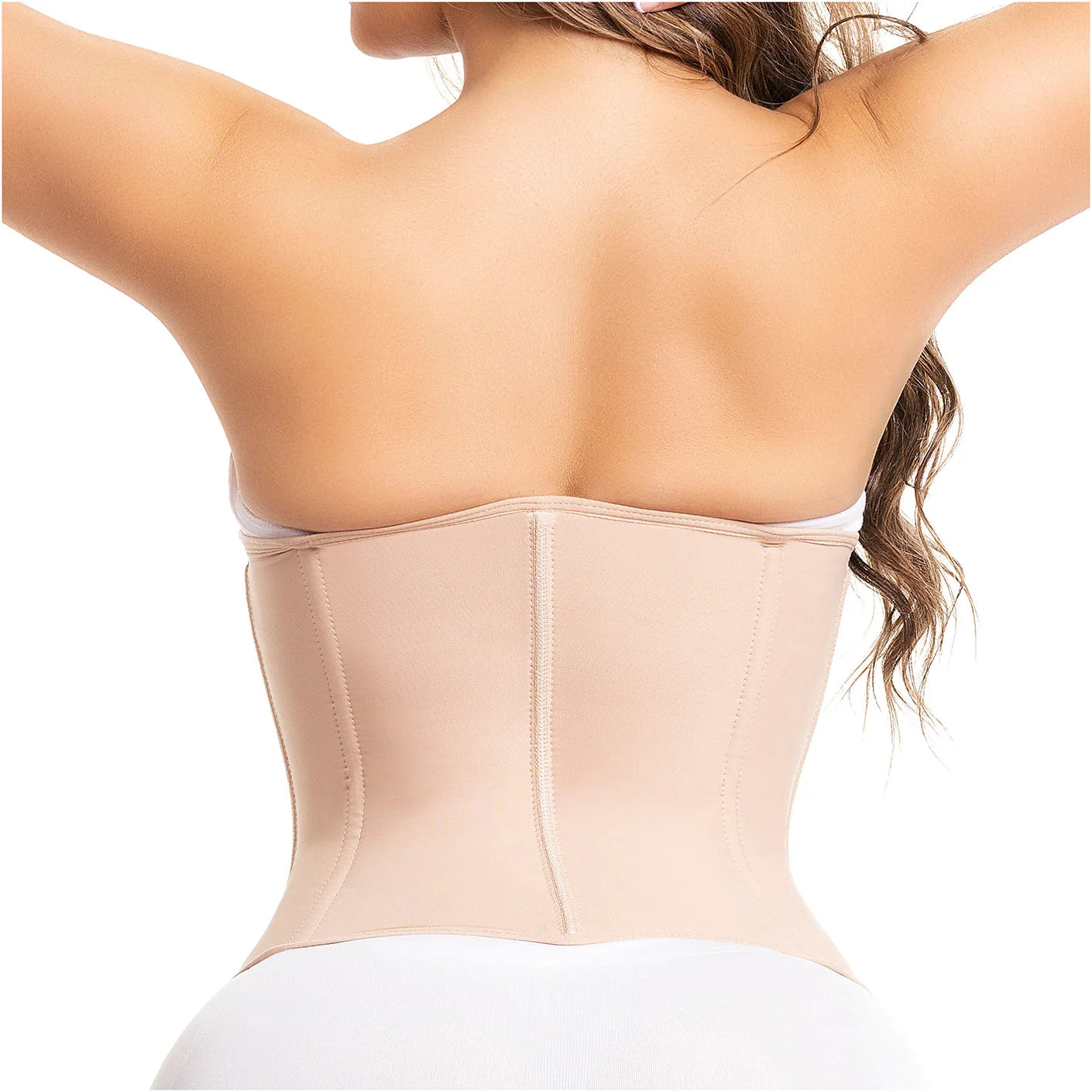 Fajas Salome 315 beige waist trainer back view, Colombian shapewear with boned panels for daily body shaper use