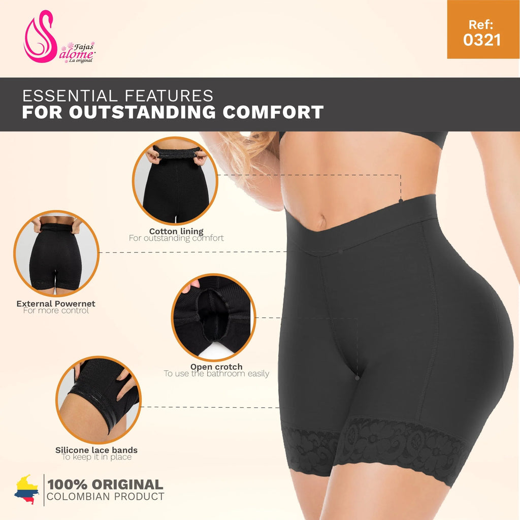 Fajas Salome 0321 black shaper shorts with lace hem and open crotch, Colombian shapewear body shaper back view