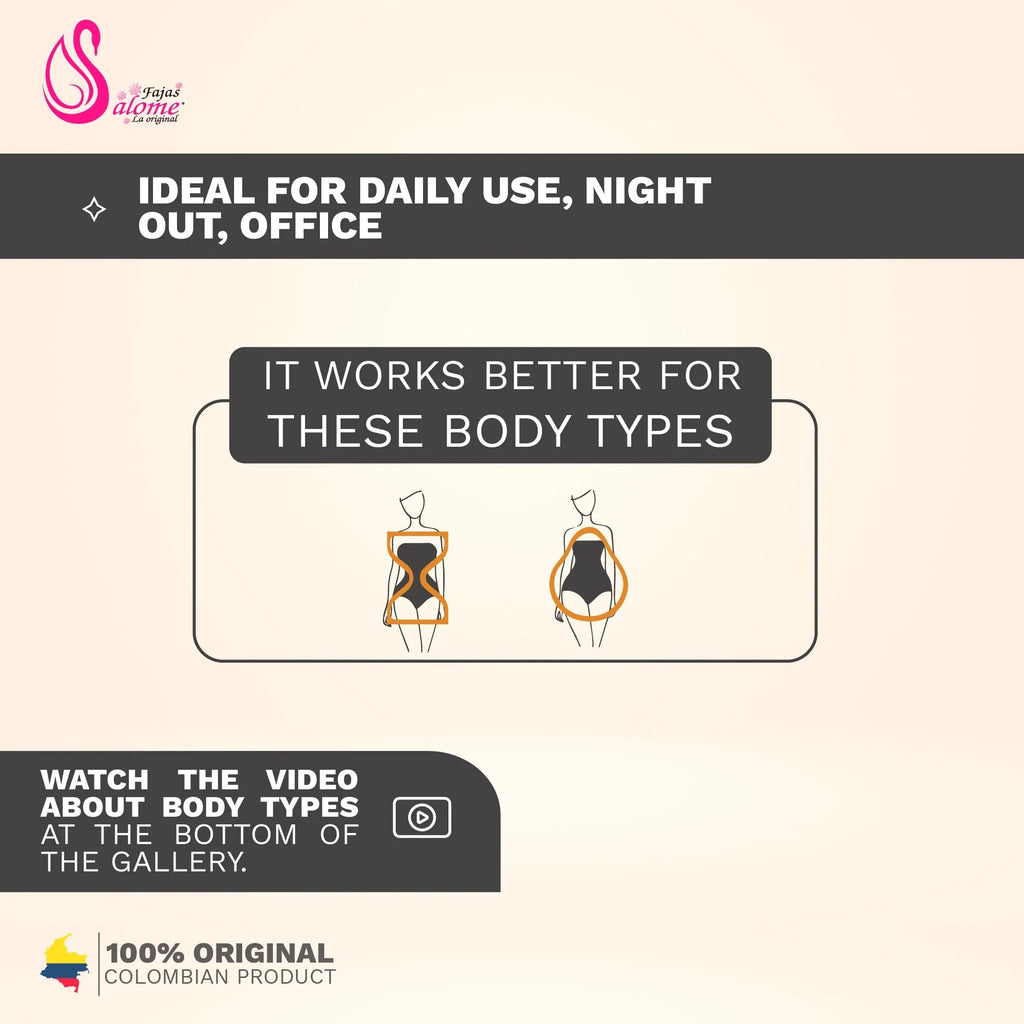 Fajas Salome 321 body shaper infographic showing ideal body types hourglass and pear Colombian shapewear daily use guide