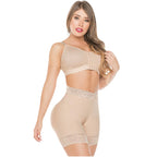 Fajas Salome 321 nude shaper shorts with lace trim and bra set, Colombian shapewear body shaper front view