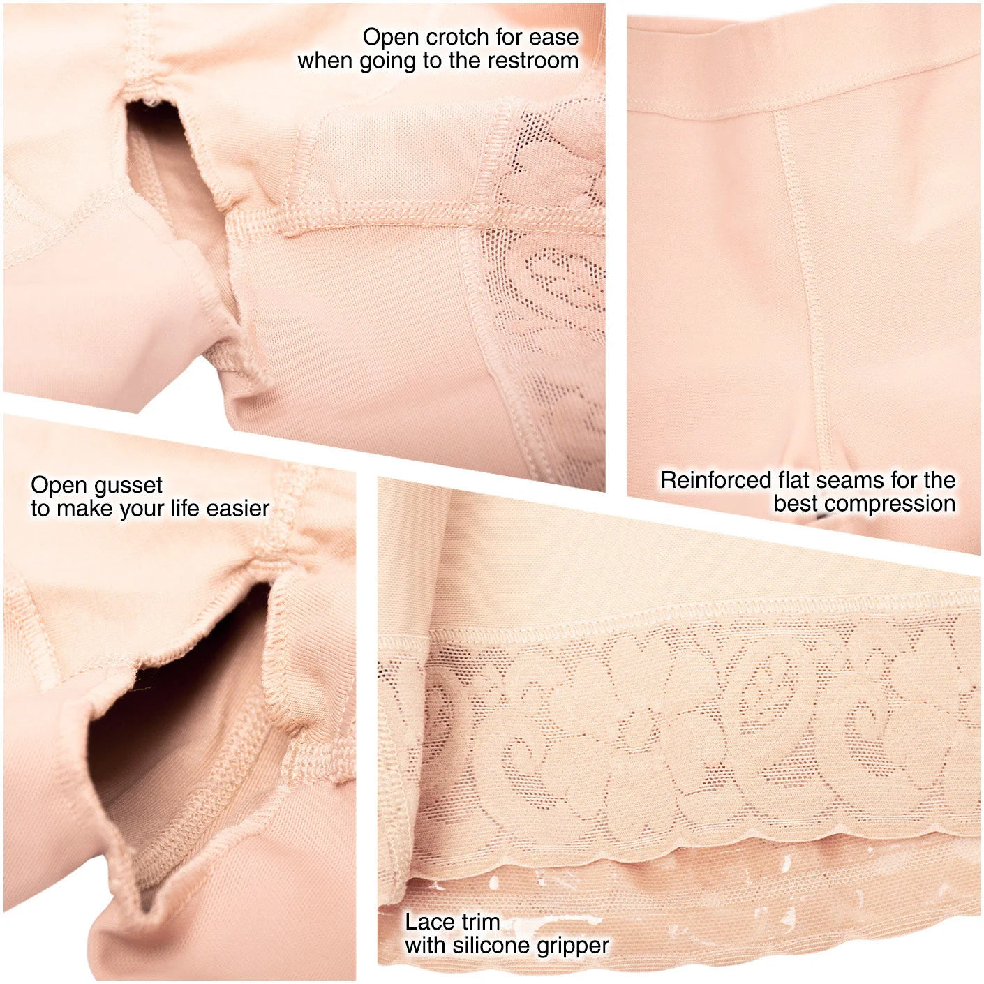 Fajas Salome 321 nude shaper shorts detail view showing open crotch gusset lace trim silicone gripper Colombian shapewear com