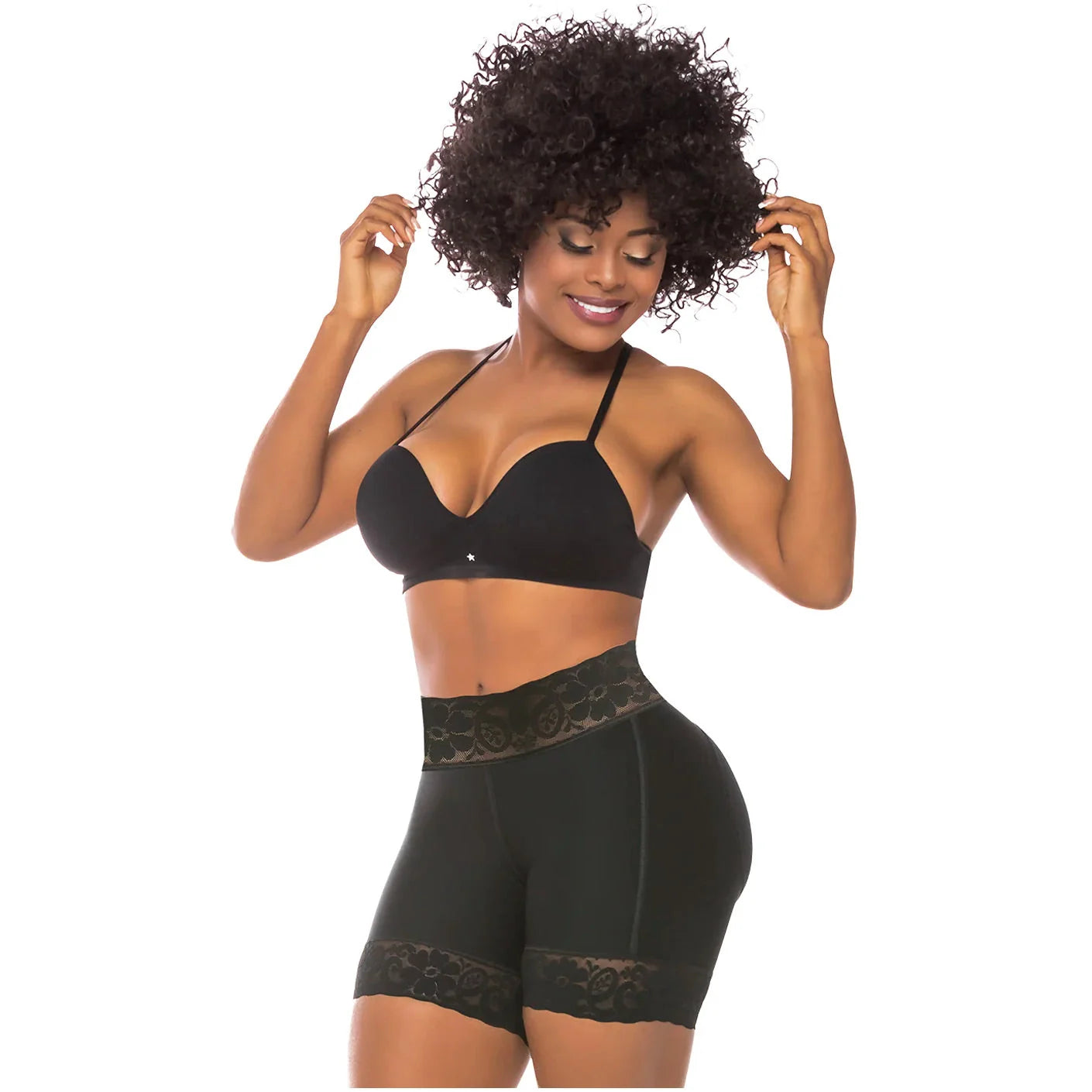 Fajas Salome 321 black shaper shorts with lace trim waistband, Colombian shapewear body shaper for women front view