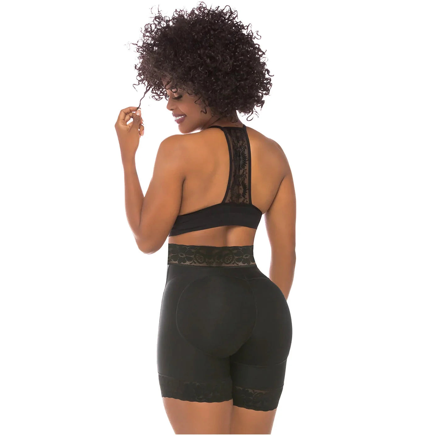 Fajas Salome 321 black shaper shorts with lace details, Colombian shapewear butt-lifting bottom back view