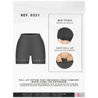 Fajas Salome 0321 black mid-thigh shaper shorts with lace trim, Colombian shapewear for daily use and post-surgery recovery