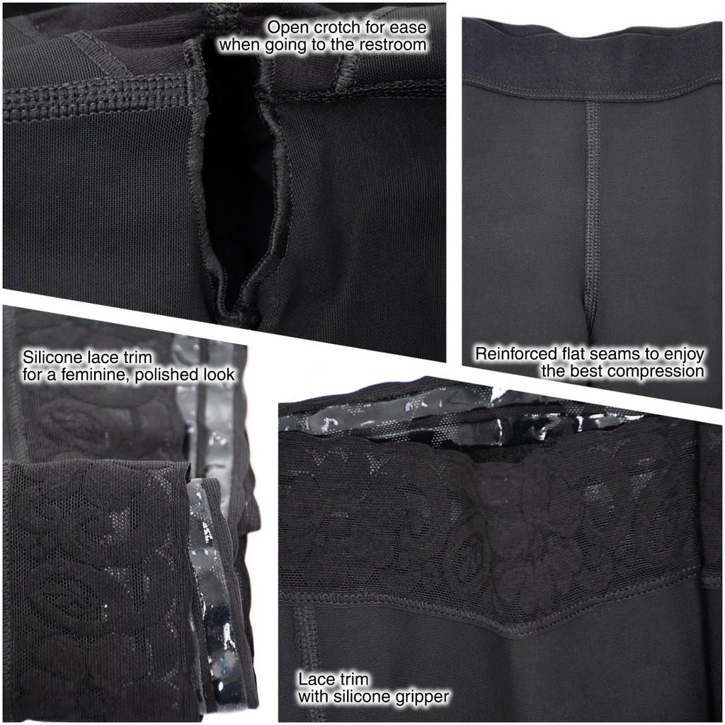 Fajas Salome 321 black shaper shorts detail view showing open crotch, flat seams, and silicone lace trim Colombian shapewear