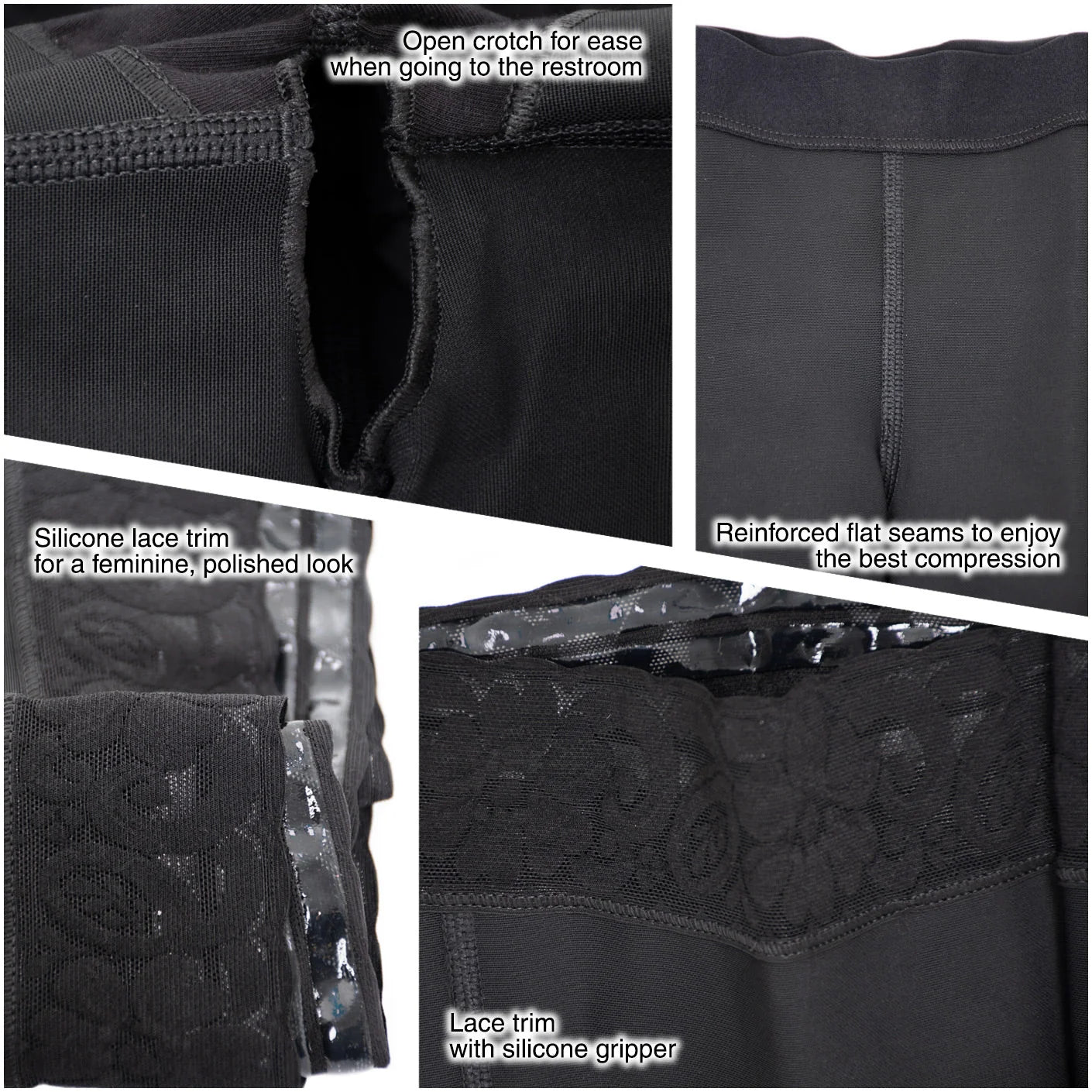 Fajas Salome 321 black shaper shorts detail view showing open crotch, flat seams, and silicone lace trim Colombian shapewear