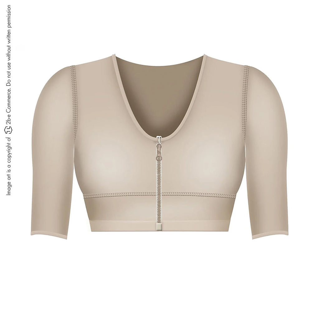Fajas Salome 328 beige post-surgery bra with zipper closure and sleeves, Colombian compression garment front view