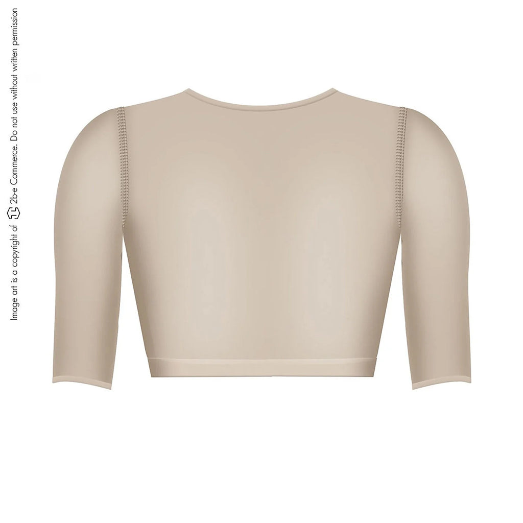 Fajas Salome 328 beige crop top compression sleeve back view, Colombian post-surgery faja with elbow-length arms