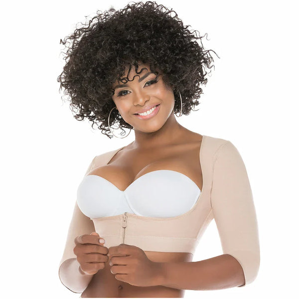 Fajas Salome 328 beige post-surgery arm compression shaper with zipper closure, Colombian shapewear lifestyle front view