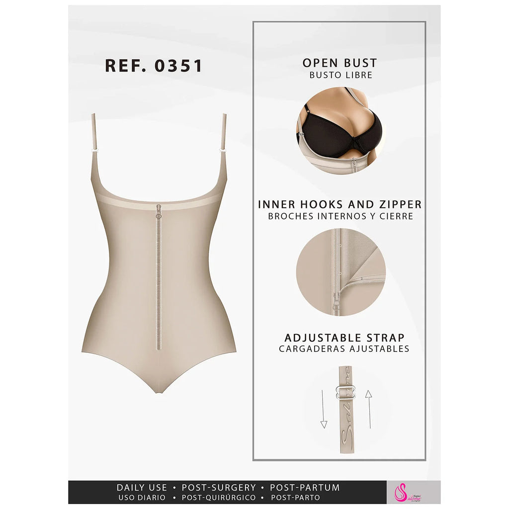 Fajas Salome 0351 beige open-bust panty bodysuit with front zipper, Colombian shapewear for daily and post-surgery use
