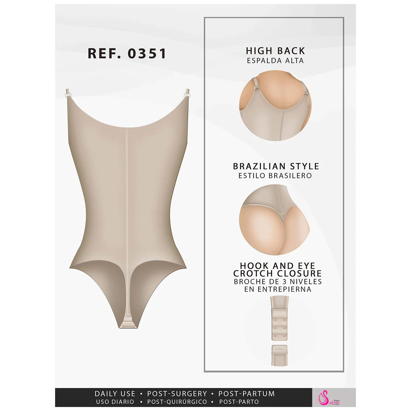 Fajas Salome 0351 beige open-bust thong body shaper with high back and hook closure, Colombian shapewear for daily use