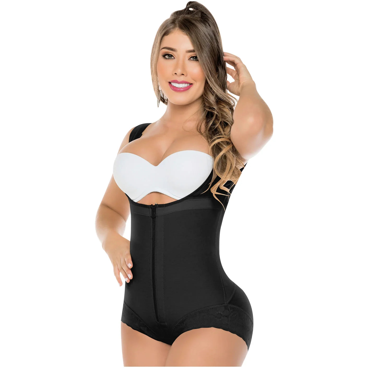 Fajas Salome 411 black open-bust bodysuit with zipper closure, daily Colombian shapewear faja colombiana side view