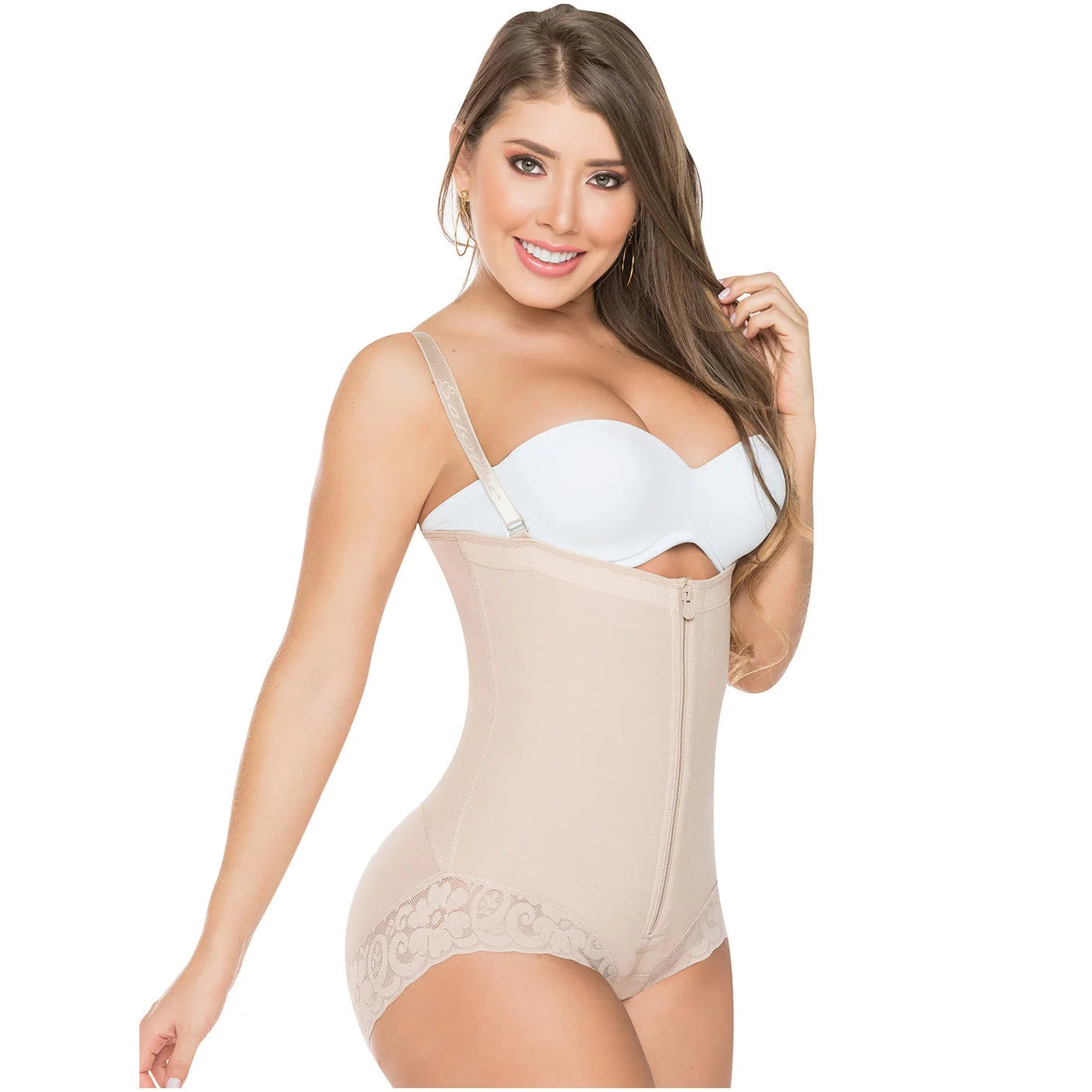 Fajas Salome 412 nude open-bust body shaper with lace trim and zipper, daily Colombian shapewear for women side view
