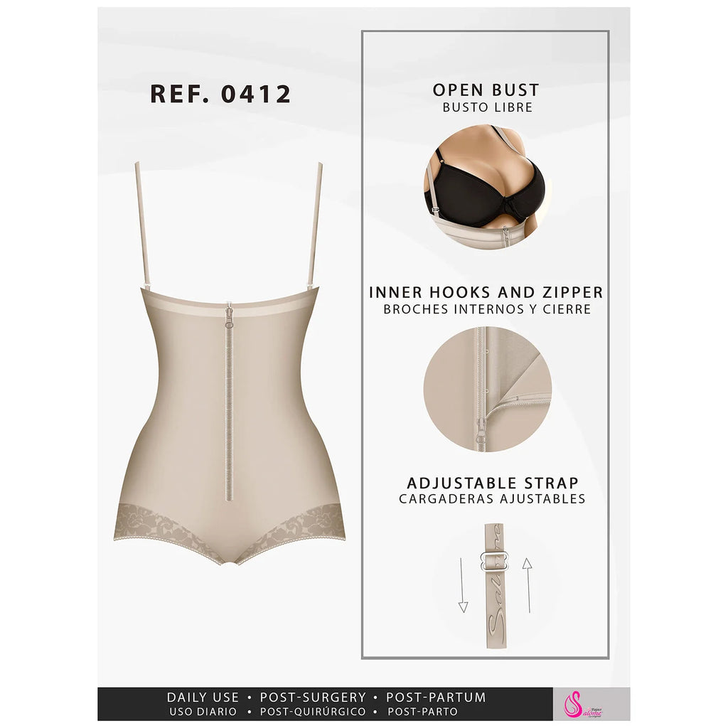 Fajas Salome 0412 beige open-bust body shaper with front zipper and lace trim, Colombian shapewear for daily use