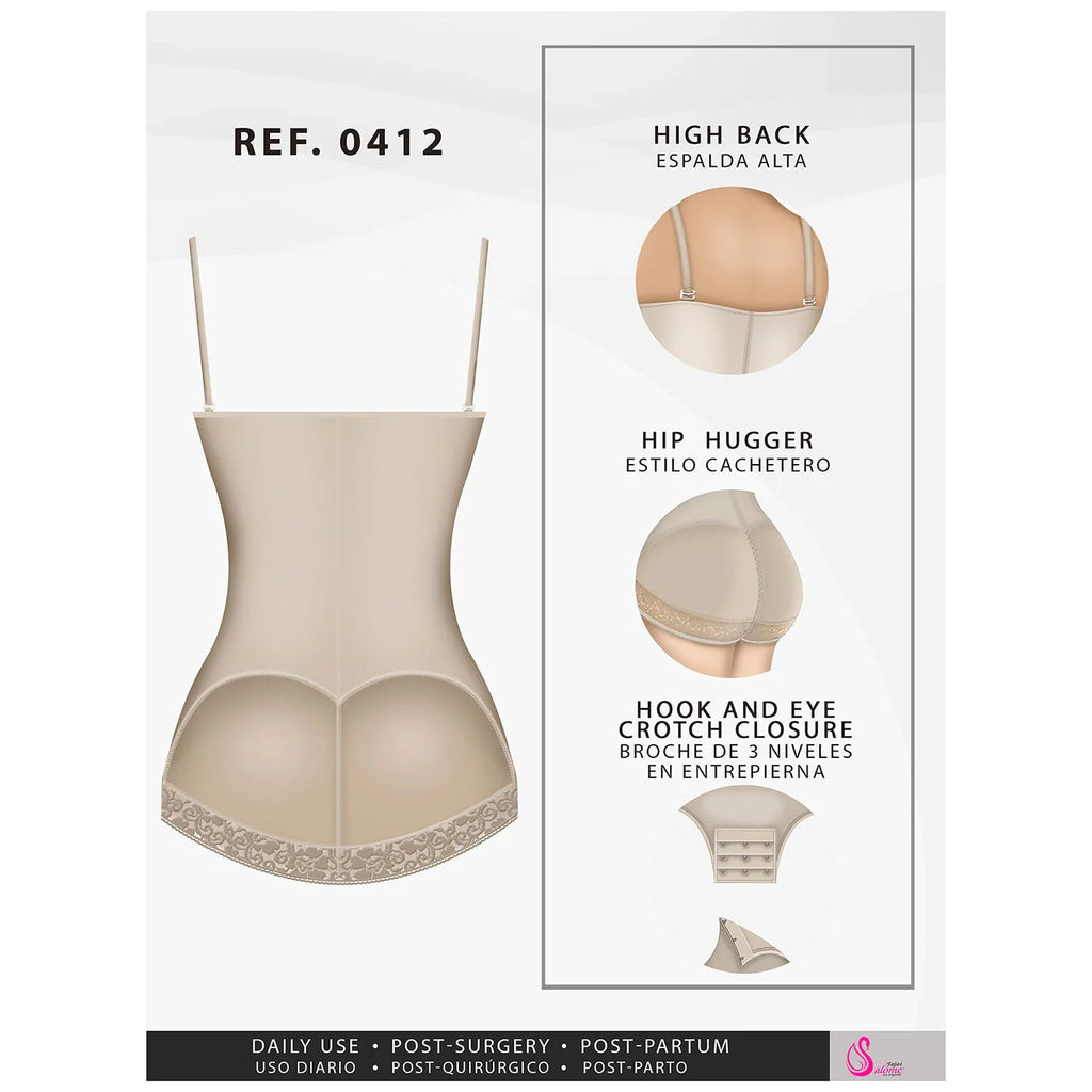 Fajas Salome 0412 beige open-bust body shaper with hip hugger cut and lace trim, Colombian shapewear for daily use