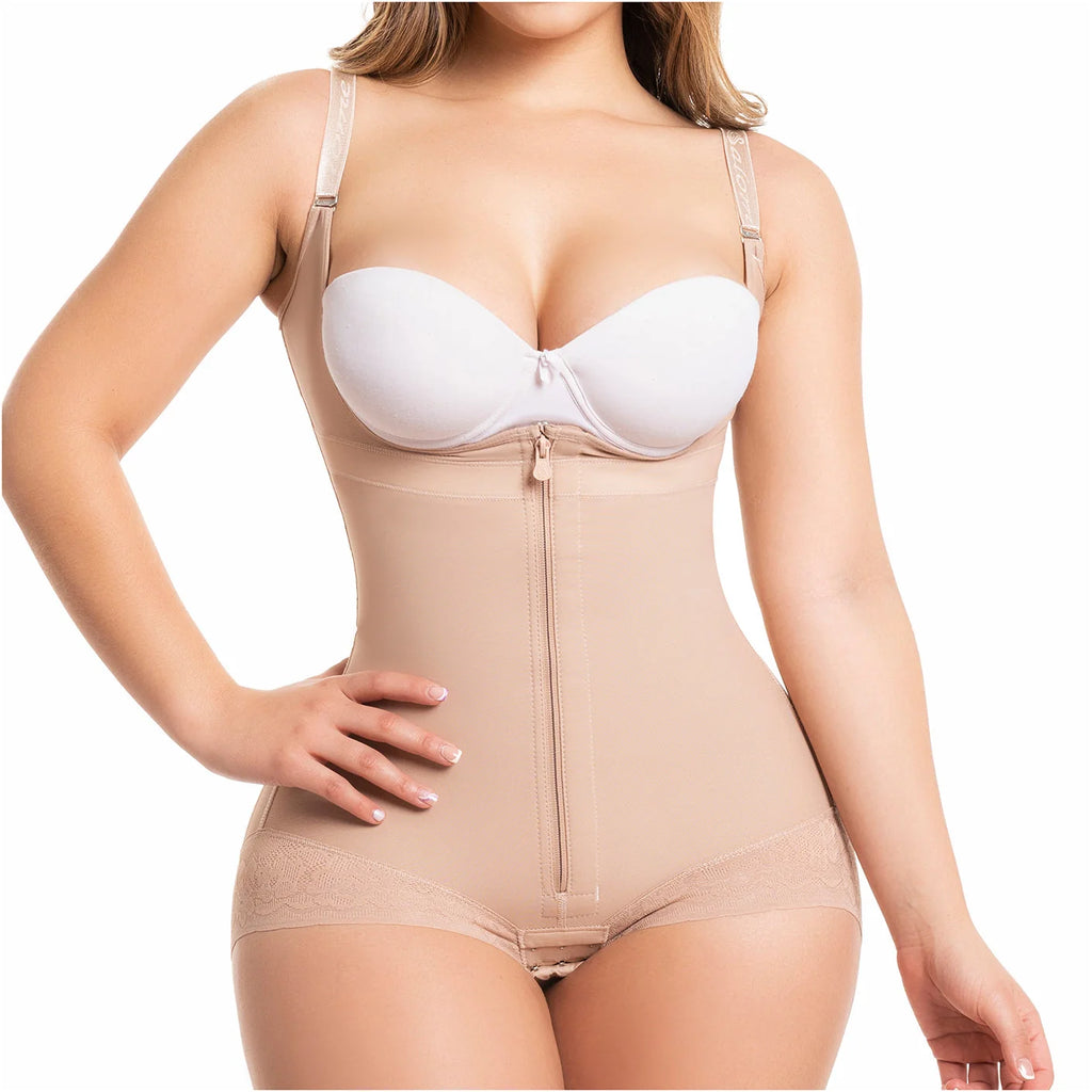 Fajas Salome 413 beige open-bust bodysuit with front zipper, daily Colombian shapewear faja colombiana for women front view