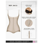 Fajas Salome 0413 beige open-bust body shaper with front zipper and lace trim, Colombian shapewear for daily use