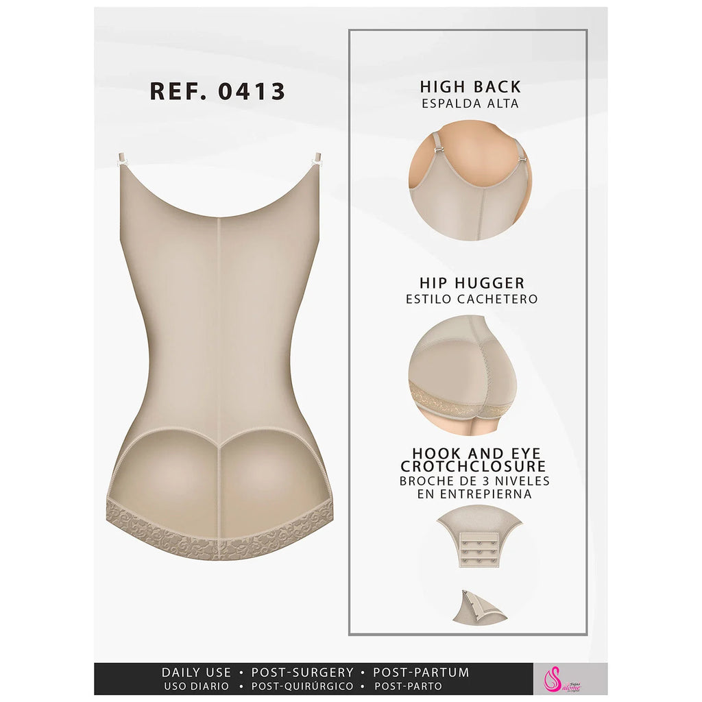Fajas Salome 0413 beige open-bust body shaper back view, Colombian shapewear with high back and hook crotch closure