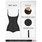 Fajas Salome 0413 black open-bust body shaper with zipper closure, Colombian shapewear for daily and post-surgery use