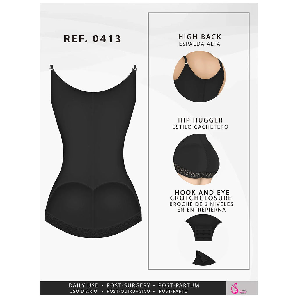 Fajas Salome 0413 black open-bust body shaper with high back and hip hugger, Colombian shapewear for daily post-surgery use