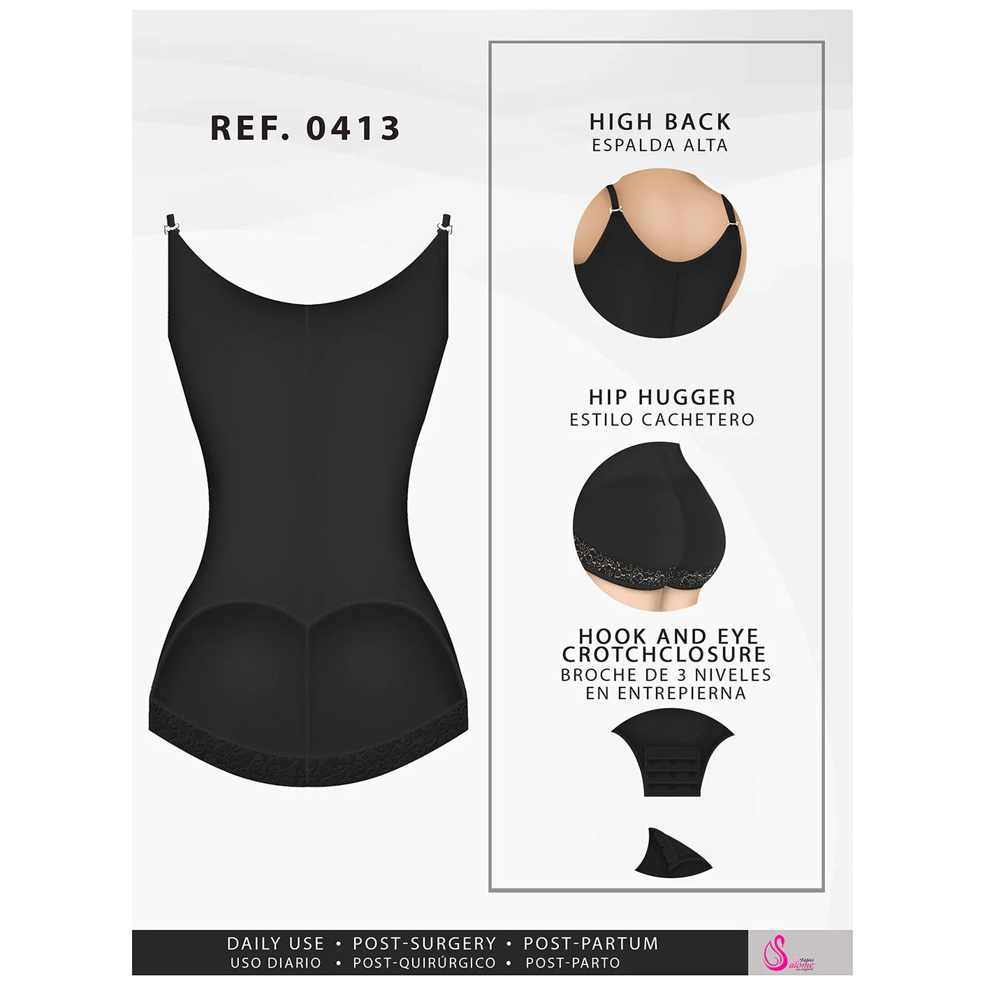 Fajas Salome 0413 black open-bust body shaper with high back and hip hugger, Colombian shapewear for daily post-surgery use