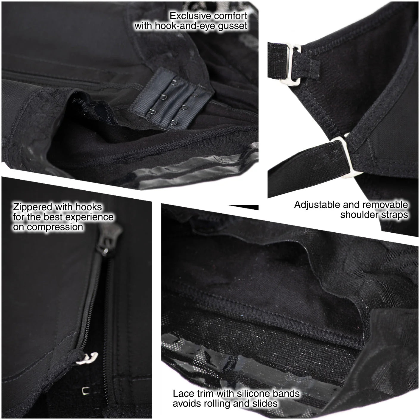 Fajas Salome 413 black open-bust faja detail view showing zipper, hook closure, adjustable straps, and silicone bands Colombi