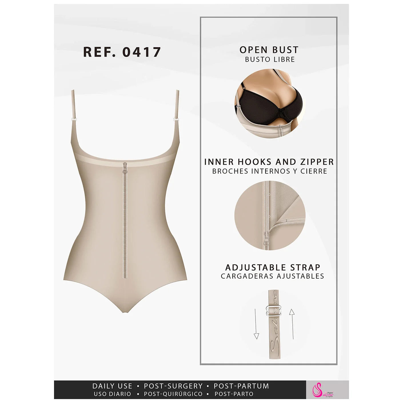 Fajas Salome 0417 beige open-bust panty bodysuit with front zipper, Colombian shapewear for daily and post-surgery use
