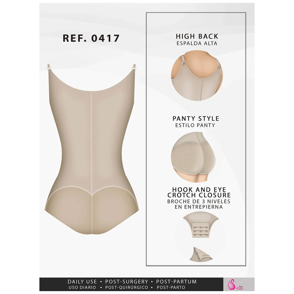 Fajas Salome 0417 beige open-bust panty body shaper with hook-eye crotch closure, Colombian shapewear for daily and post-surg