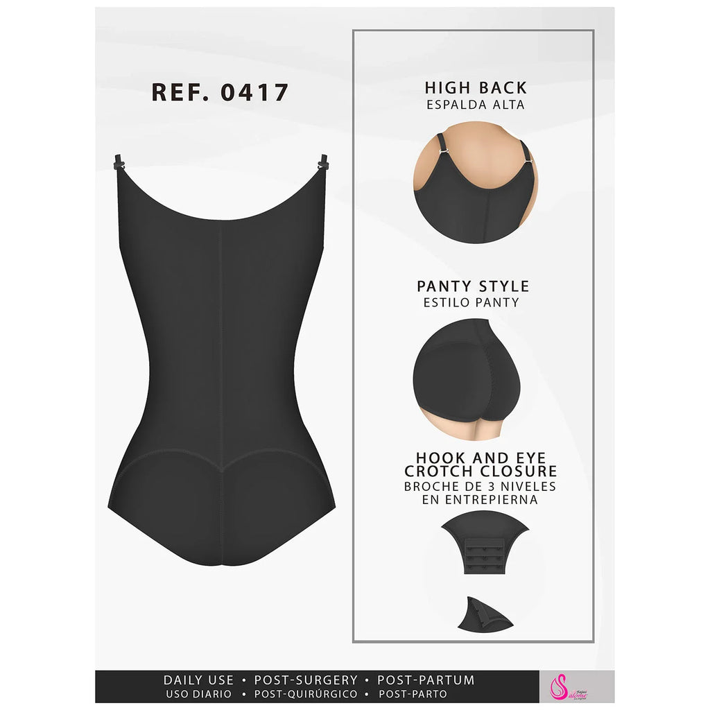 Fajas Salome 0417 black open-bust body shaper with high back and panty style, Colombian shapewear for daily and post-surgery 