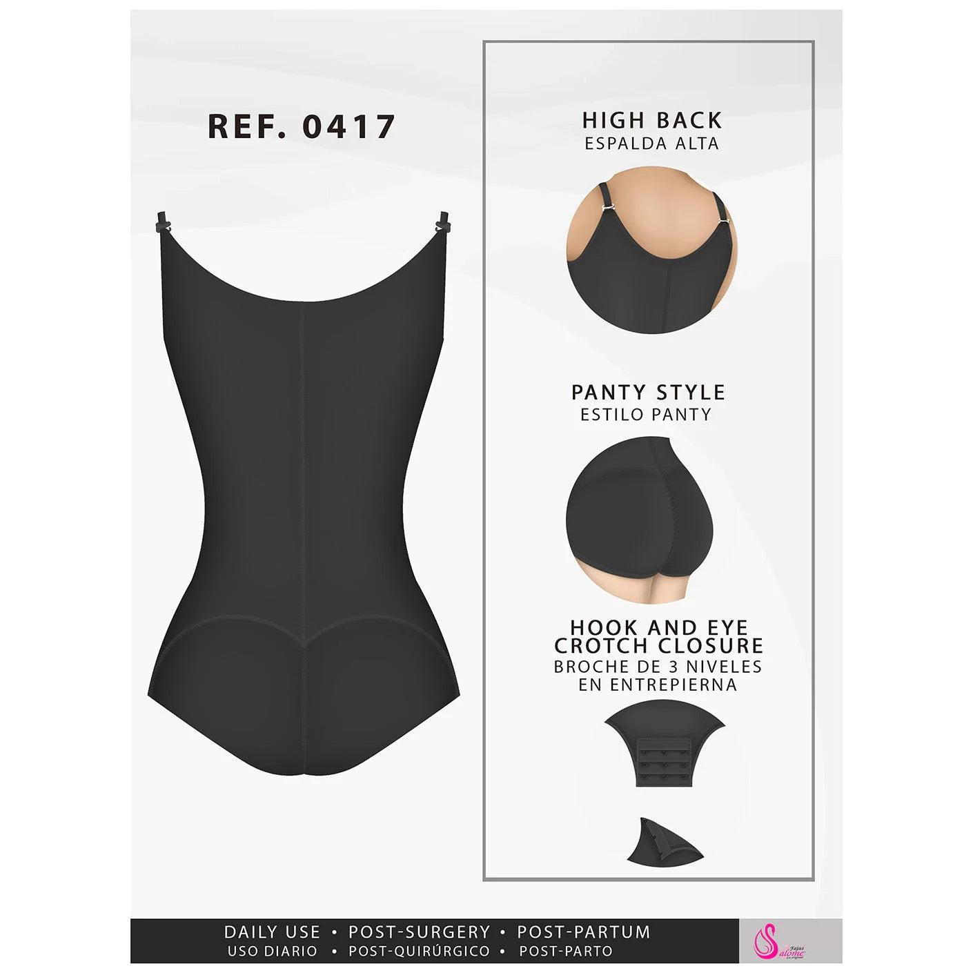 Fajas Salome 0417 black open-bust body shaper with high back and panty style, Colombian shapewear for daily and post-surgery 