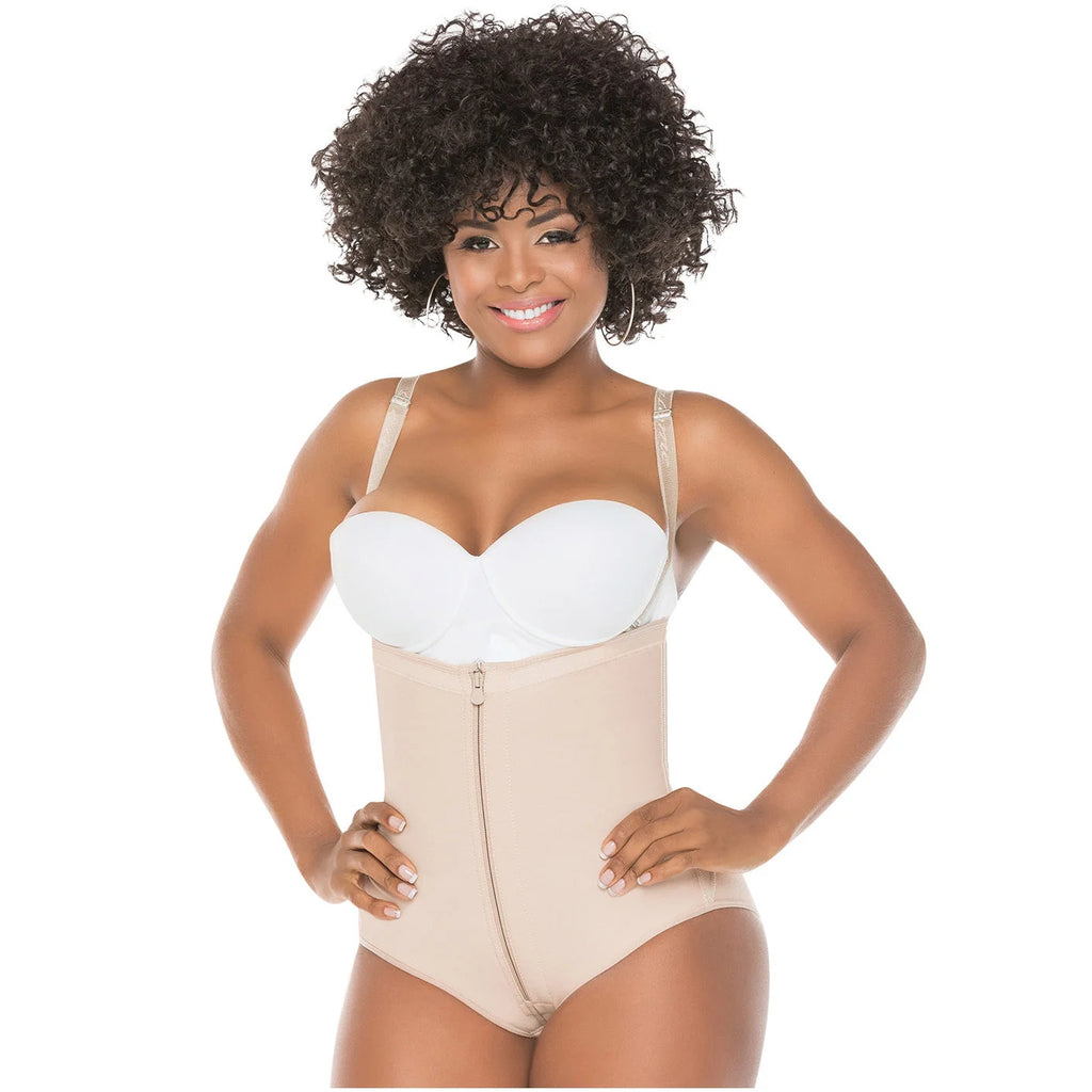 Fajas Salome 418 beige open-bust panty body shaper with zipper closure, Colombian shapewear for daily use front view