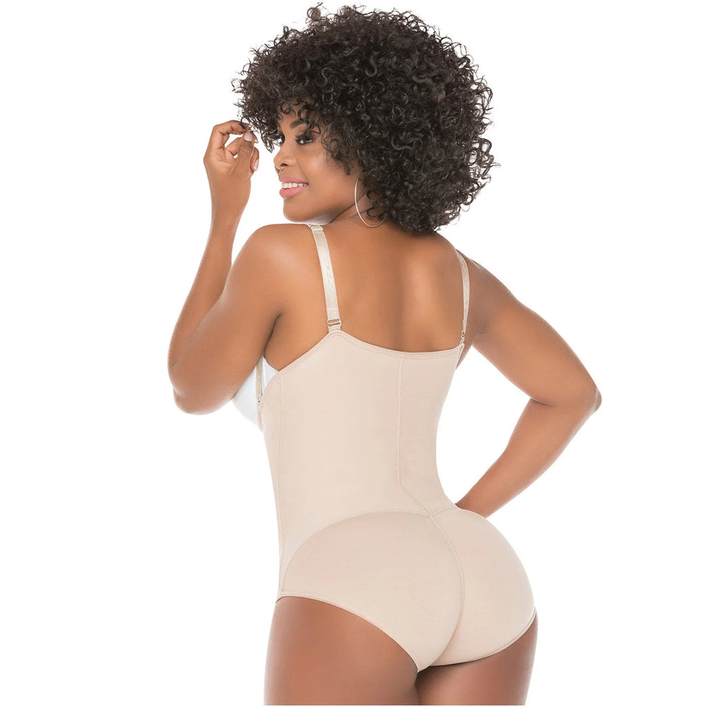 Fajas Salome 418 beige open-bust panty body shaper back view, daily Colombian shapewear with adjustable straps for women