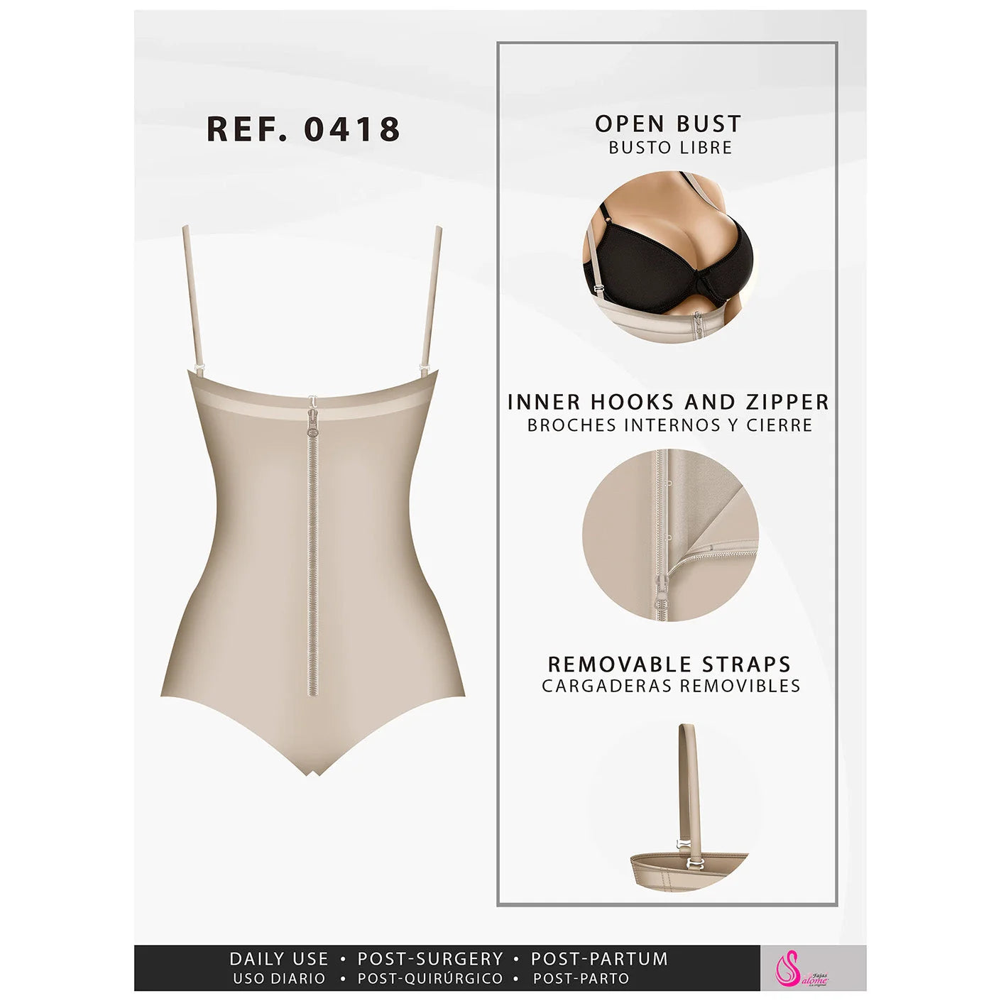 Fajas Salome 0418 beige open-bust body shaper with front zipper, Colombian shapewear for daily use and post-surgery recovery