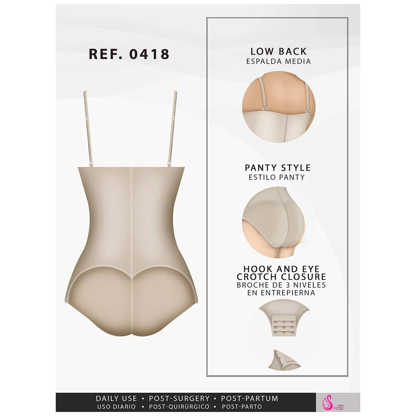 Fajas Salome 0418 beige open-bust panty body shaper with hook closure, Colombian shapewear for daily post-surgery use