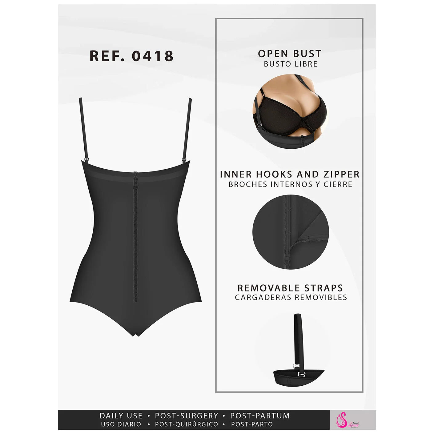 Fajas Salome 0418 black open-bust panty bodysuit with zipper closure, Colombian shapewear for daily and post-surgery use