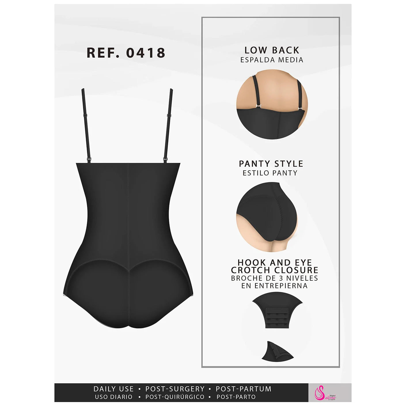 Fajas Salome 0418 black open-bust panty body shaper with hook closure, Colombian shapewear for daily and post-surgery use