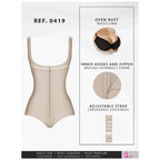 Fajas Salome 0419 beige open bust bodysuit with front zipper, Colombian post-surgery faja for postpartum recovery