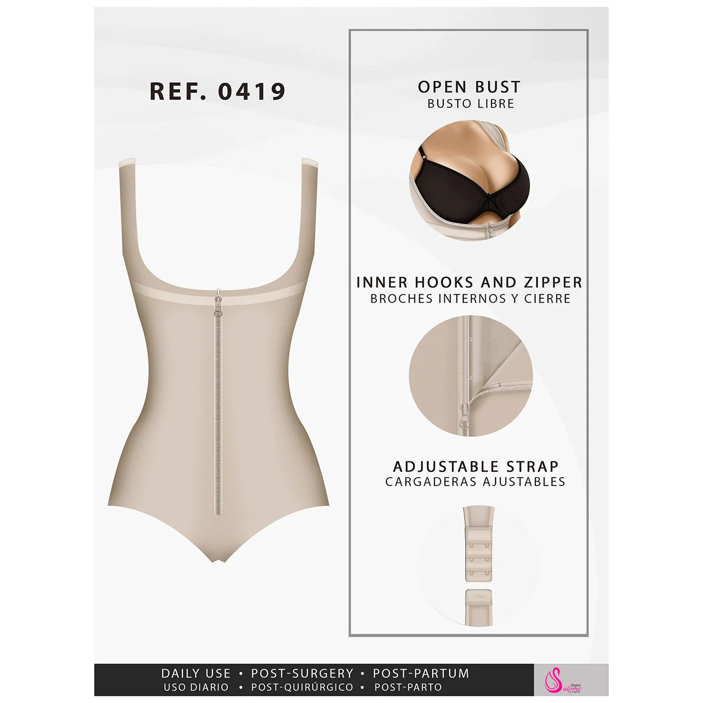 Fajas Salome 0419 beige open bust bodysuit with front zipper, Colombian post-surgery faja for postpartum recovery