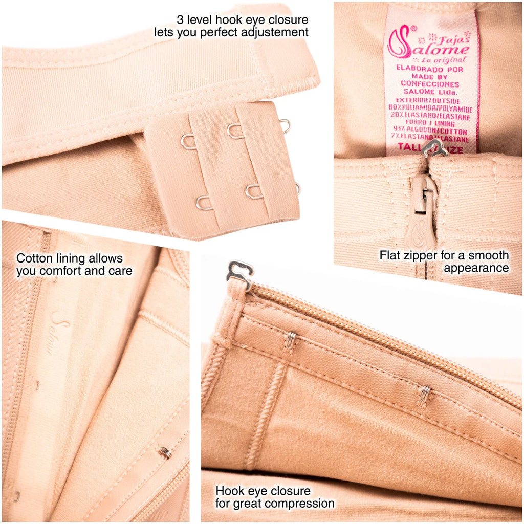 Fajas Salome 419 beige post-surgery faja detail view showing hook eye closure flat zipper and cotton lining Colombian shapewe